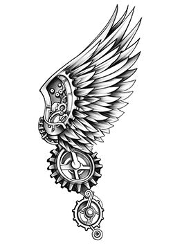 Tattoo template of a mechanical wing with gears and feathers, symbolizing technological freedom