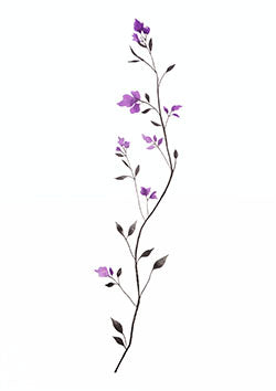 Tattoo template of a slender vine with purple flowers and green leaves