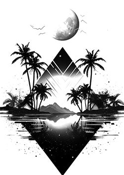 Tattoo template of a tropical landscape with geometric shapes and moon.