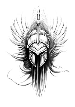 Tattoo template of a warrior helmet with wings and flowing feathers