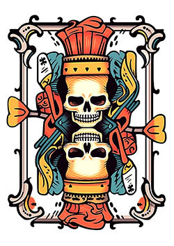 Tattoo template of a colorful mirrored skeleton king and queen duo in vibrant traditional design adorned with arrows