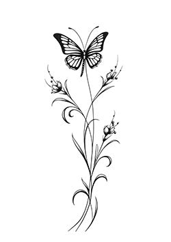 Tattoo template of a butterfly on a floral stem