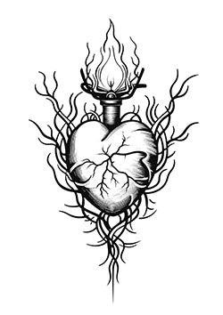 Tattoo template of a realistic heart engulfed in flames with thorny vines