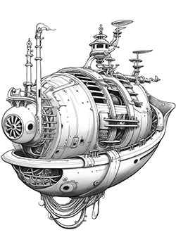 Tattoo template of a futuristic steampunk submarine with intricate gears and pipes