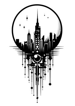 Tattoo template of a stylized cityscape with ornamental drips within a circular frame