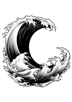 Tattoo template of a crashing ocean wave with intricate details capturing raw power