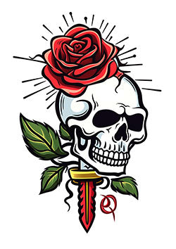 Tattoo template of a red rose emerging from a skull, signifying the contrast between life and death.