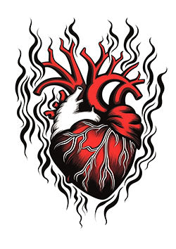 Tattoo template of a flaming human heart with detailed veins and stylized black flames.