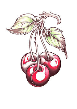 Tattoo template of a vibrant cluster of cherries with lush leaves showcasing nature's beauty