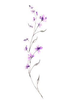 Tattoo template of a delicate purple floral branch with slender green leaves