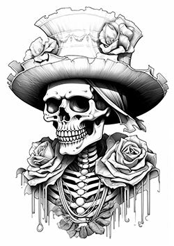 Tattoo template of a skeleton in a hat surrounded by roses and dripping elements