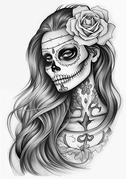 Tattoo template of a woman with sugar skull face paint and a rose in her hair