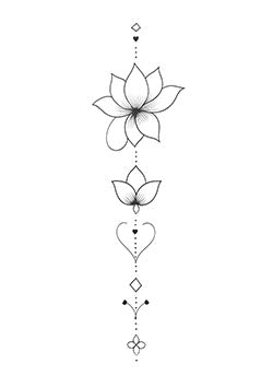 Tattoo template of a minimalist design with lotus flowers and heart connected by dots and lines