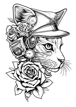 Tattoo template of a steampunk-inspired cat with roses and mechanical elements