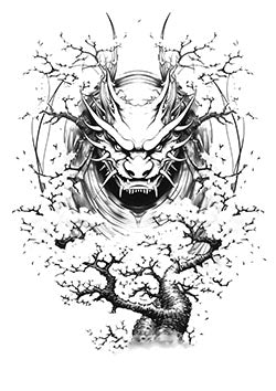 Tattoo template of a fierce dragon among twisted branches