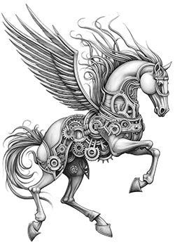 Tattoo template of a mechanical pegasus with gears and wings