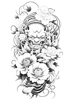 Tattoo template of an Oni mask with peonies