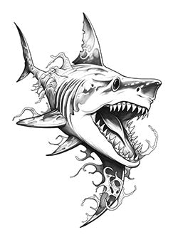 Tattoo template of a ferocious shark emerging from abstract waves with intense energy and freedom