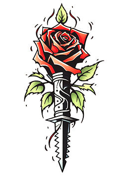 Tattoo template of a rose entwined with a dagger symbolizing beauty and danger