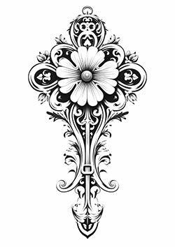 Tattoo template of a symmetric floral cross with filigree.