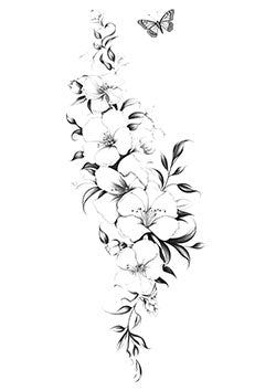 Tattoo template of a floral cascade with a butterfly in flight