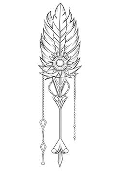 Tattoo template of a feather with an eye at its center and intricate pendant details