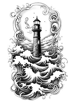 Tattoo template of a lighthouse with swirling waves.