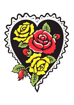 Tattoo template of a heart filled with yellow and red roses surrounded by lace