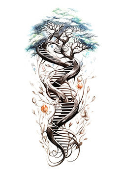 Tattoo template of a DNA helix merging with tree branches, reflecting growth and life.