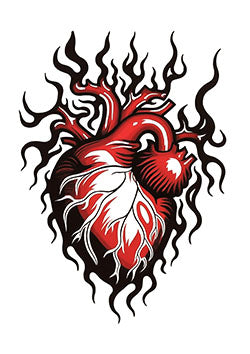 Tattoo template of a fiery anatomical heart wrapped in black flames showing passion