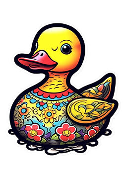 Tattoo template of a colorful duckling with intricate floral and geometric patterns