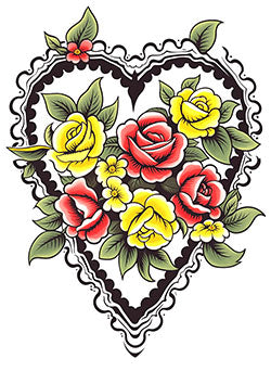 Tattoo template of a heart-shaped floral arrangement with colorful flowers and leaves