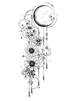 Tattoo template of a moon with surrounding flowers and amulets