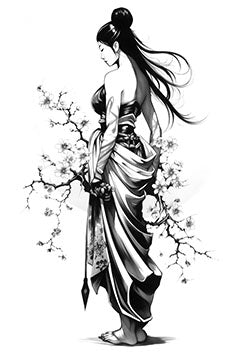 Tattoo template of a geisha with cherry blossoms