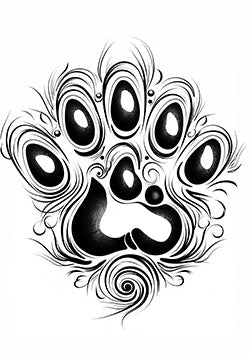 Tattoo template of a spiritual and intricate paw print with swirling patterns