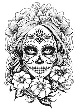 Tattoo template of a sugar skull with surrounding flowers