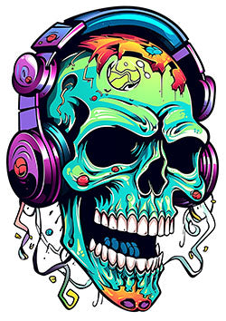 Tattoo template of a surreal skull with headphones, merging music and vibrant life