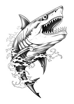 Tattoo template of a great white shark emerging from water with sharp teeth and a menacing gaze