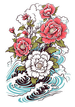 Tattoo template of peonies over waves with leaves