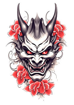 Tattoo template of a Japanese oni demon with red peony flowers