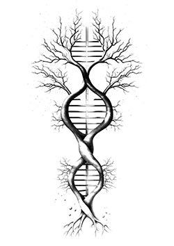 Tattoo template of a DNA double helix merging into tree branches and roots, symbolizing life and nature.