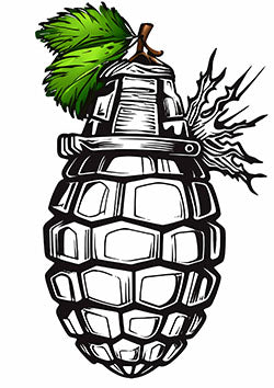 Tattoo template of a grenade with a green leaf stem signifying the balance between power and fragility