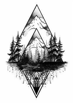 Tattoo template of a geometric mountain with forest and reflection