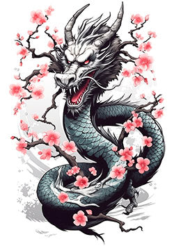 Tattoo template of a dragon with cherry blossoms