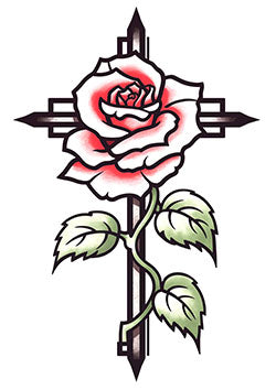 Tattoo template of a rose with a cross entwined by its vine reflecting faith and love