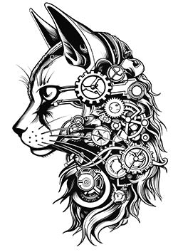 Tattoo template of a cat head with mechanical gears and components