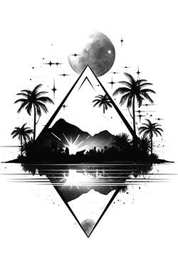 Tattoo template of a geometric tropical scene with moon and palms