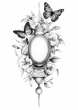 Tattoo template of a vintage mirror with butterflies and roses reflecting elegance and transformation