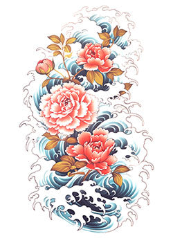 Tattoo template of a peony with waves