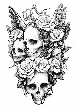 Tattoo template of skulls with roses and wings